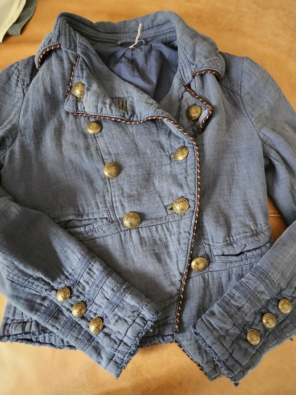 Free People Blue Cotton Cropped Military Style Jacket